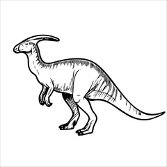 A hand-drawn illustration of a dinosaur, specifically a hadrosaur, showcasing its distinctive features such as a long tail and a duck-bill. 