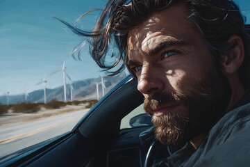 Man with a beard and blue eyes is driving a car. The car is on a road with a lot of windmills in the background