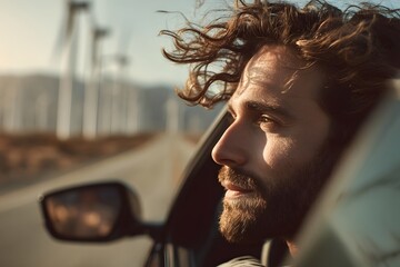 Man with a beard is driving a car and looking out the window. Concept of freedom and adventure, as the man is traveling down a winding road with the wind blowing through his hair