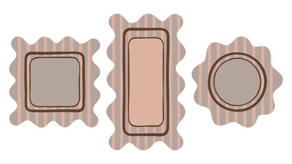Frame, doodle wave edge border Set. Hand drawn paint brush wavy line stroke, beige coffee colour background. Square, circle rectangle geometric shape poster. Text copy space. vector illustration