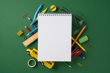 School supplies like pencils, ruler, paper clips, and a toy bus surrounding a notebook on a green...