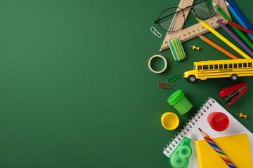 Colorful school supplies including pencils, ruler, and a toy bus organized on a green surface