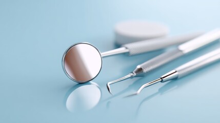 Dental tools, blue background, reflection, hygiene