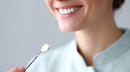 Dentist smiling, holding mirror, grey background, dental care