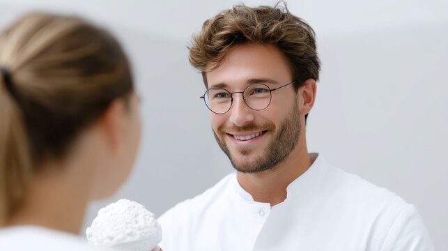 Dentist showing patient teeth model, clinic