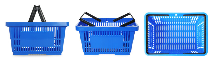 Blue shopping basket on white background, set