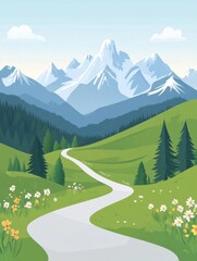  a beautiful mountain landscape with winding road, green grass, trees, flowers, blue sky, and snow-capped peaks in the distance
