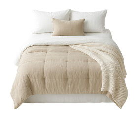 Obraz premium Luxurious Beige and White Bedding Set with Plush Pillows and Cozy Knitted Blanket, Perfect for Modern Interiors, Isolated on Transparent and White Background