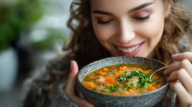 Woman enjoying a bowl of warm, hearty soup.  A close-up reveals her contented expression
