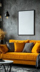 Mustard yellow velvet sofa with gray pillows against a textured gray wall, complemented by a minimalist framed print and industrial-style lighting
