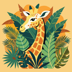 Cute cartoon giraffe in jungle grass wildlife vector illustration