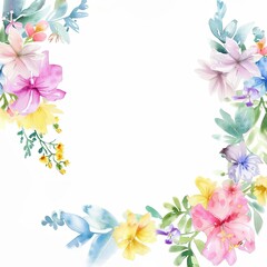 Fototapeta premium Watercolor floral border frame with pastel colors, white background, large empty space in the center for text