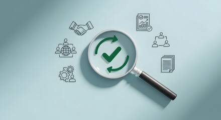 Quality Assurance and Certification Compliance Concept A Magnifying Glass with Checkmark, Business Icons, Certified Document - Ensuring Excellence and Adherence to Standards