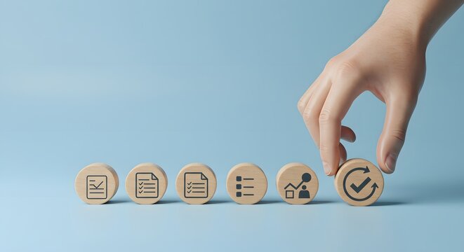 Quality Control and Certification Process A Step-by-Step Guide to Document Review, Checklist, Approval, and Quality Certificate.  Visualizing the process with Hand places wooden blocks and checkmarks.