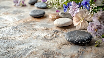 Smooth stones and delicate flowers arranged on a textured surface.  Spa-like serenity