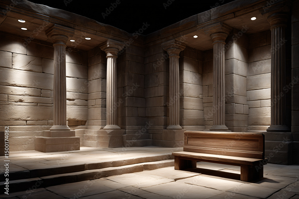 Poster ancient columns and bench inside a stone building with architectural design. the scene is illuminate