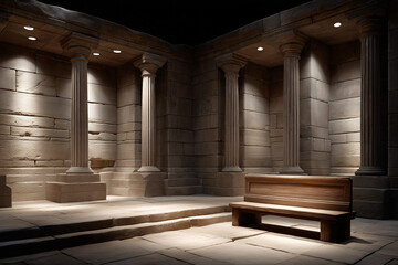 Naklejka premium Ancient Columns and Bench Inside a Stone Building with Architectural Design. The scene is illuminated by spotlight 