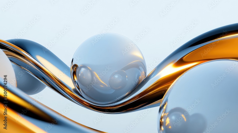 Poster metallic and glass spheres interact in a dynamic composition. the polished surfaces reflect light wh
