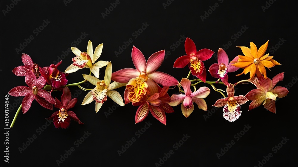Poster orchids are displayed in various colors and patterns against a plain black backdrop, creating a stri