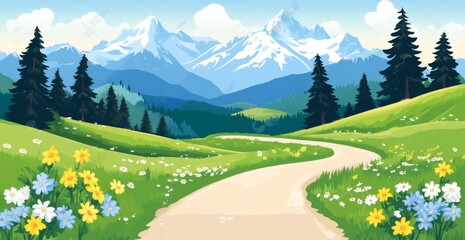  a beautiful mountain landscape with winding road, green grass, trees, flowers, blue sky, and snow-capped peaks in the distance