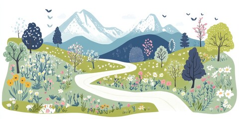 Naklejka premium a beautiful mountain landscape with winding road, green grass, trees, flowers, blue sky, and snow-capped peaks in the distance