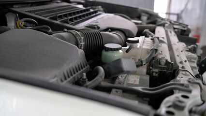 Car engine showing air filter, battery, and radiator