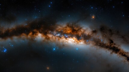 Fototapeta premium This stunning cosmic view showcases a vibrant spiral galaxy with swirling arms illuminated by countless stars. The image captures the intricate details and colors of deep space.