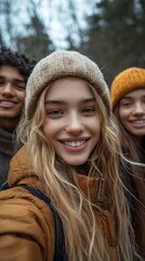 Happy diverse friends smiling for a selfie outdoors in winter