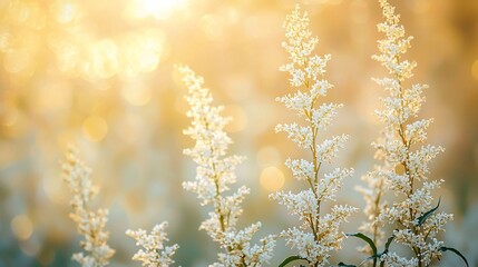 Soft golden light illuminates delicate white wildflowers in a field, creating a peaceful and serene natural scene