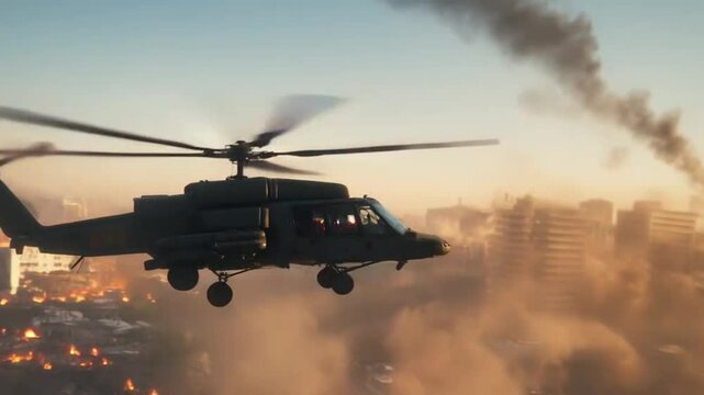 Attack Helicopter Flying Over Burning City During Apocalyptic Battle
