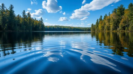 Calm lake with a blue sky in the background. The water is still and the trees are in the distance