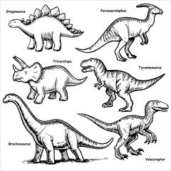 A collection of six dinosaur illustrations including Stegosaurus, Parasaurolophus, Triceratops, Tyrannosaurus, Brachiosaurus, and Velociraptor