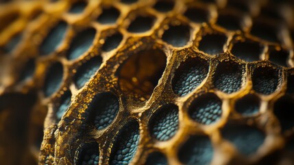 Close up of a honeycomb with a lot of detail. The honeycomb is made up of many small