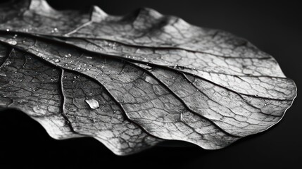 Leaf with water droplets on it. The leaf is black and white