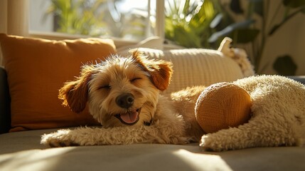Happy dog naps peacefully on a comfy couch, bathed in sunlight