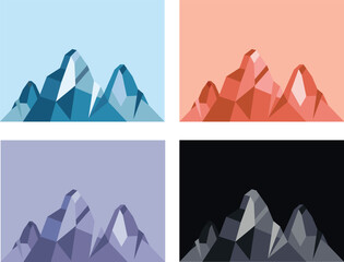 Stylized vector illustration of a mountain in various colors, evoking different times of day and seasons. Ideal for concepts of nature, time, journey, transformation, and outdoor inspiration.