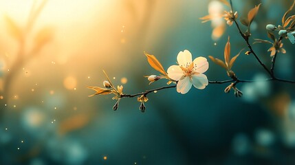 Soft sunlight illuminates delicate white blossoms on a branch, creating a serene spring scene