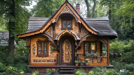 Fairytale Cottage Wooden House Decorated with Intricate Carvings in Lush Forest Setting