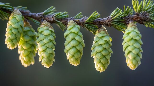 Group of pine cones are hanging from a tree branch. The pine cones are green