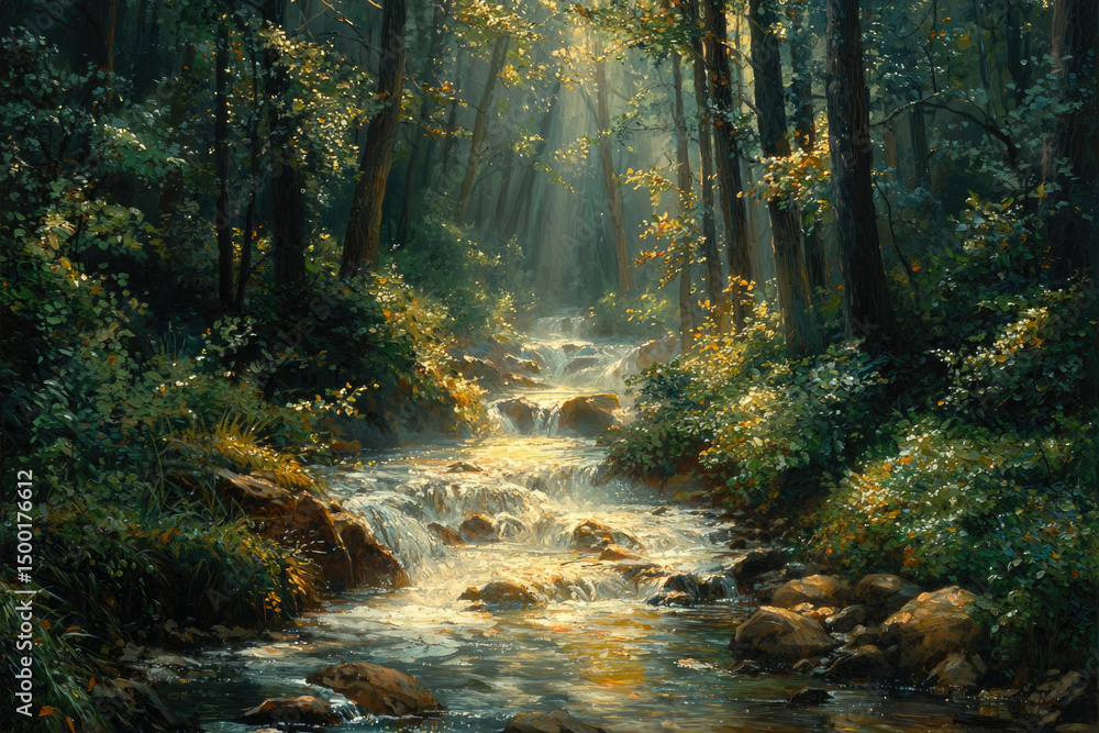 Poster Sunlit stream flows through a lush forest, cascading over rocks, creating a serene and magical atmosphere.