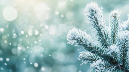 Snow covered tree branch with a blurry background. Concept of tranquility and peacefulness