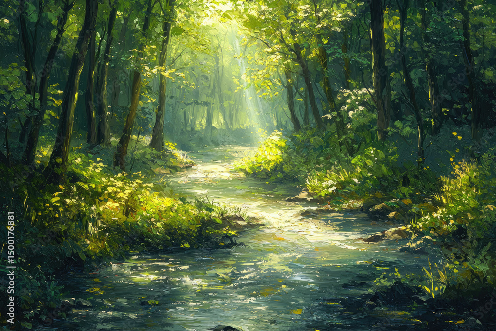 Aufkleber sunlit stream flows through a lush green forest, creating a serene and peaceful atmosphere.