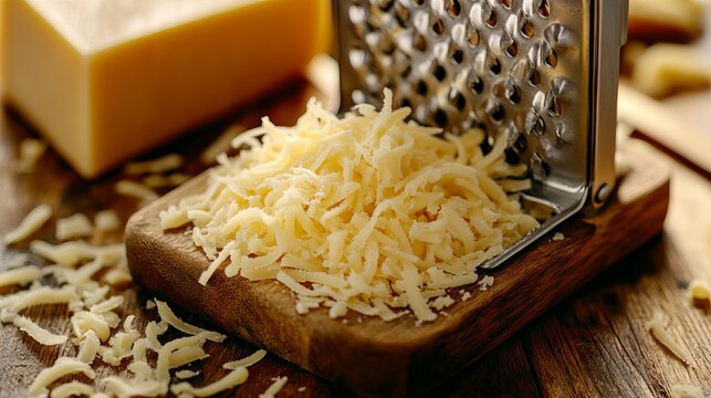 Shredded cheese sits on a wooden cutting board next to a metal cheese grater and a block of cheese.