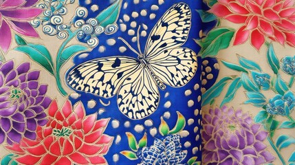 Floral batik textile; butterfly design, close-up
