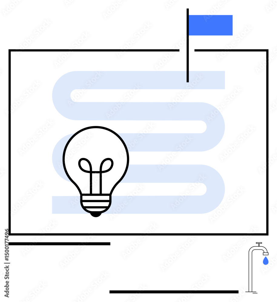 Poster lightbulb symbolizing ideas, water drop from a tap, flag on top of a frame with a wavy path. ideal f