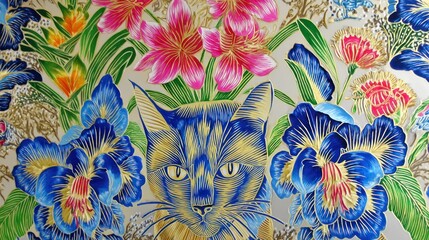 Floral Cat Painting, Asian Art, Closeup, Fabric Design