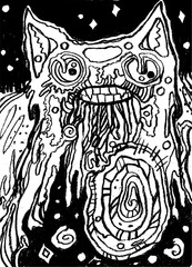 Bold black and white line art of a surreal, monster-like cat with abstract and psychedelic features. Designed in a coloring book style with heavy outlines, this artwork is ideal for crayon or marker c