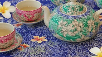 Floral Tea Set, Tropical Table,  Relaxing Drink, Asian Design