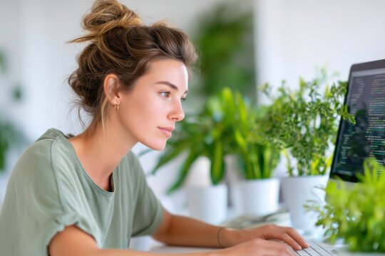 Young female programmer writing code on computer in green home office