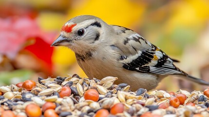 Small bird perches atop pile of mixed seeds and grains, surrounded by blurred foliage background.